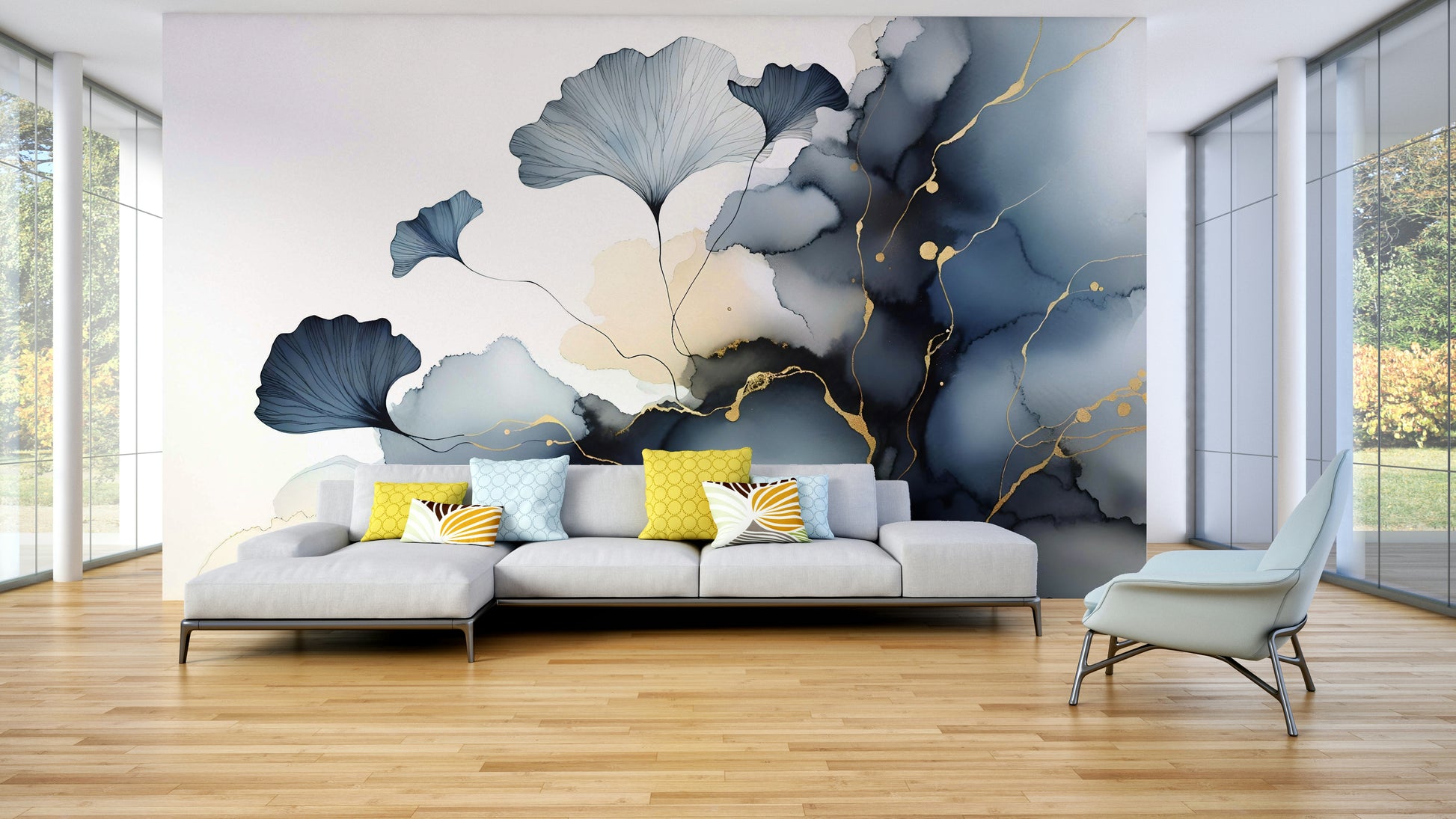 Detailed view of the artistic leaf lines on this botanical themed mural.