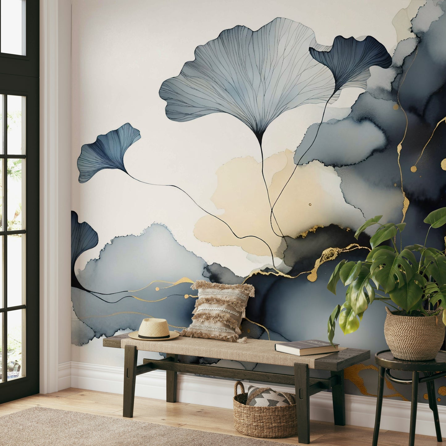 Minimalist apartment hallway with a soft color ginkgo leaf mural on a feature wall.