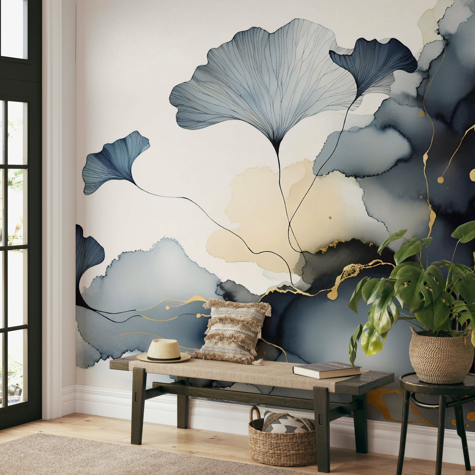 Minimalist apartment hallway with a soft color ginkgo leaf mural on a feature wall.