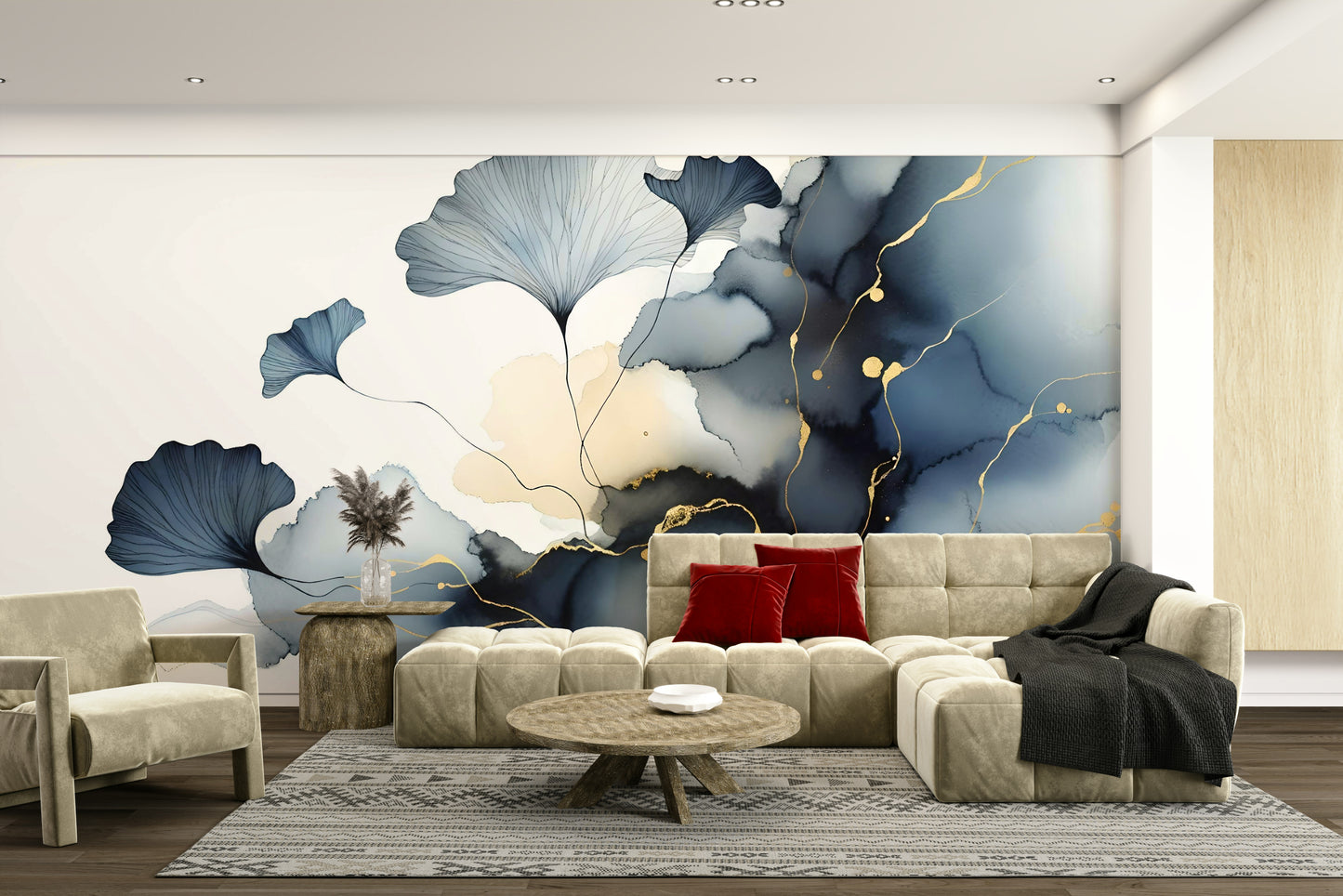 Sophisticated wall decor featuring the Elegant Ginkgo Veil design in a minimalist bedroom.