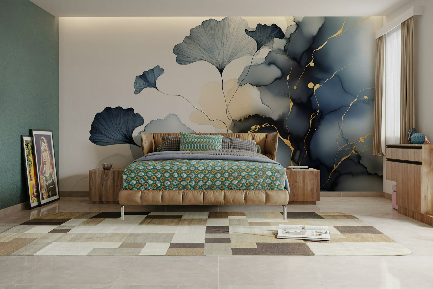 Light airy living room setup with botanical wall decor and natural lighting.