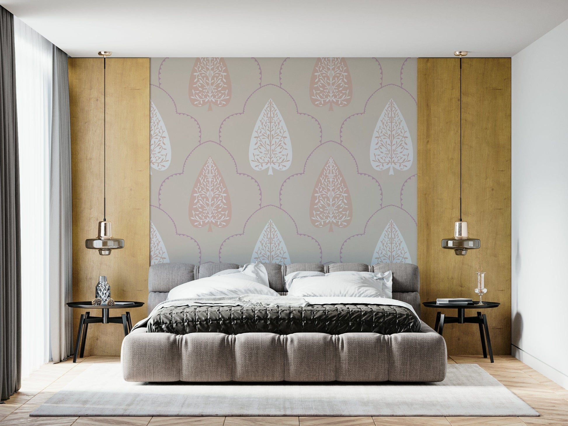 Sophisticated Elegant Foliage wall mural pale pink botanical motif.