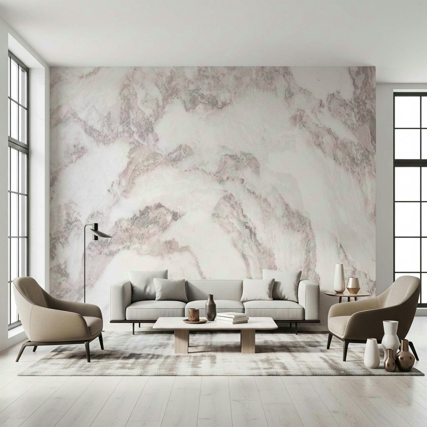 A peaceful natural marble mural on decorative wallpaper.