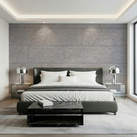 Decorative wall mural with stacked stone blocks for a chic, contemporary interior aesthetic.