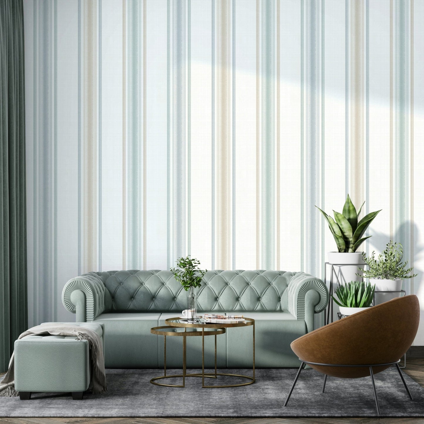 Soft blue and white striped mural
