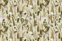 Elegant Vintage Crane Garden wallpaper mural shown as a full-wall design of gray cranes among ferns and reeds on cream