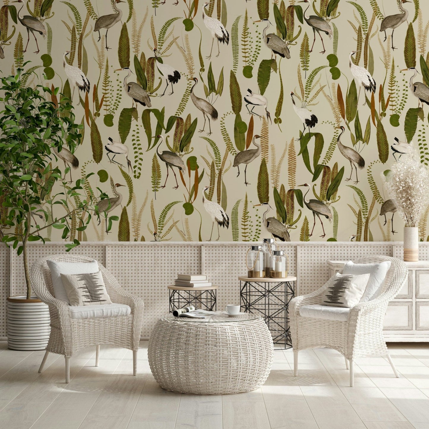 Ornate Crane and Garden Wallpaper Mural – Sophisticated vintage-style mural with detailed crane illustrations and garden flora.