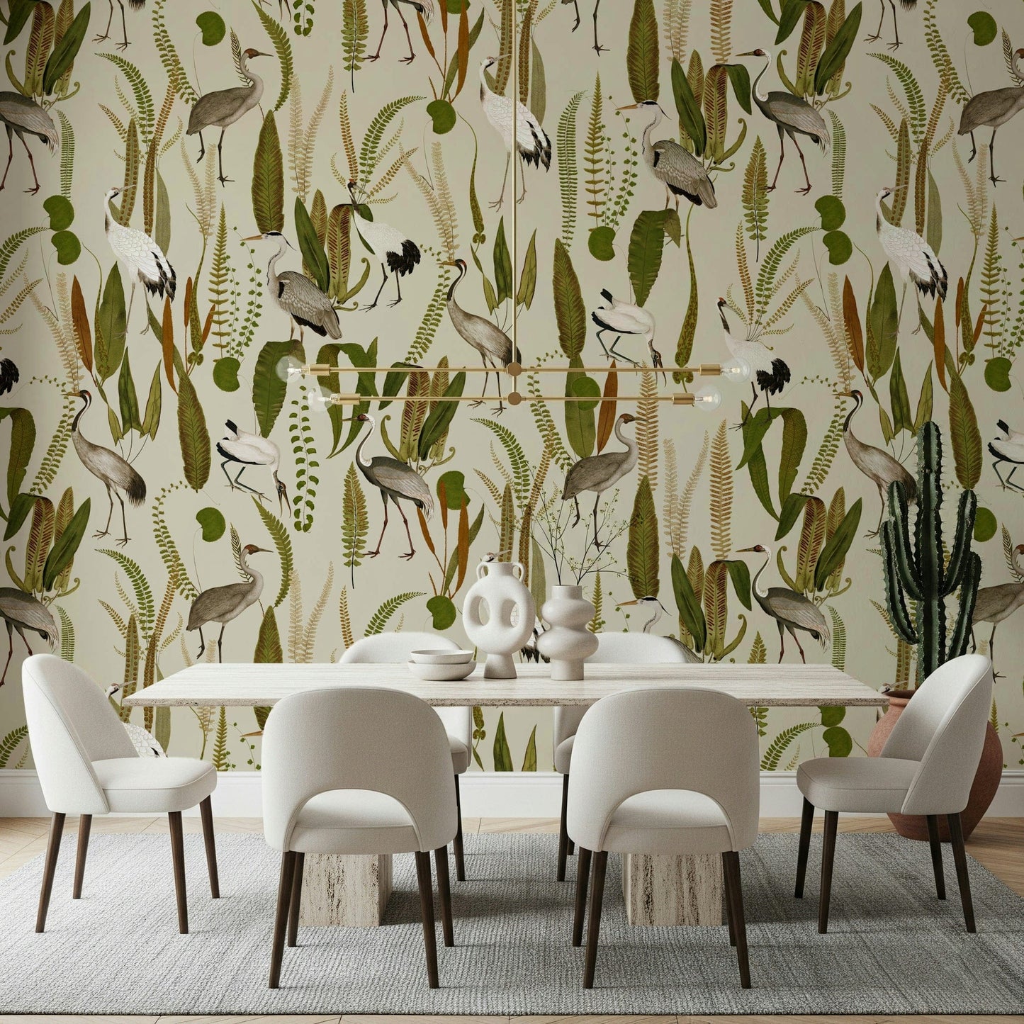 Elegant Vintage Crane Garden Wall Mural – Classic design featuring graceful cranes among blooming garden flowers in vintage tones.