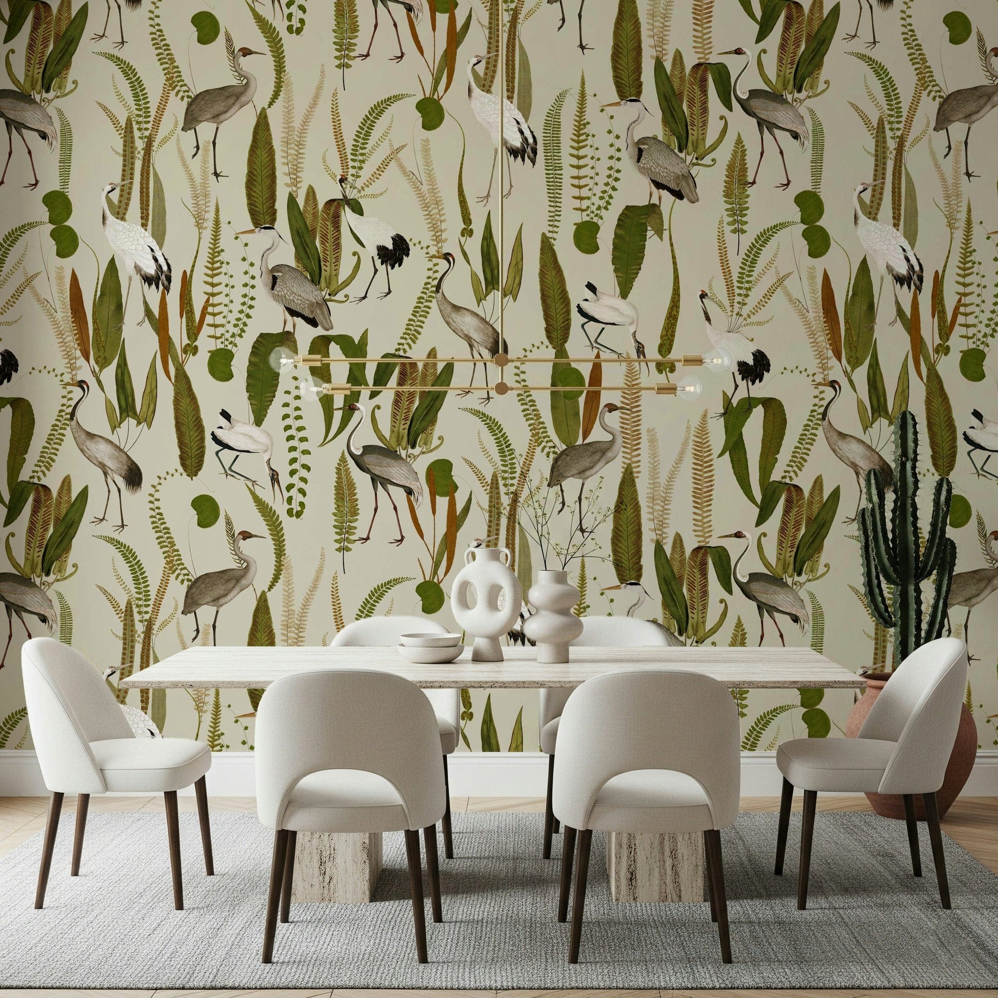 Elegant Vintage Crane Garden Wall Mural – Classic design featuring graceful cranes among blooming garden flowers in vintage tones.