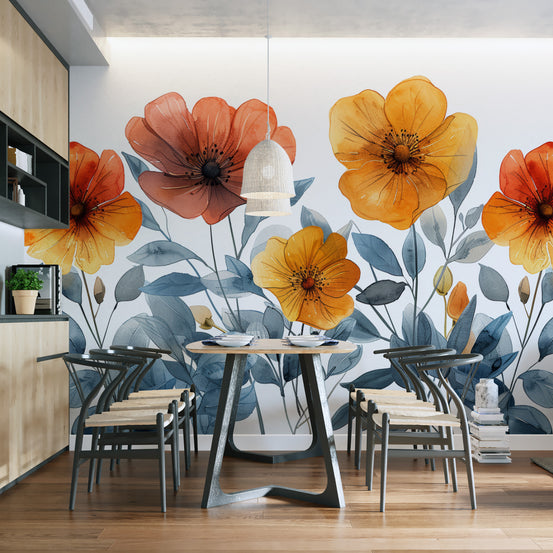 Elegant watercolor floral wall mural with orange blooms
