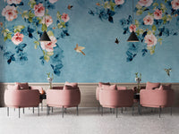 Watercolor pink roses wallpaper with blue-green background