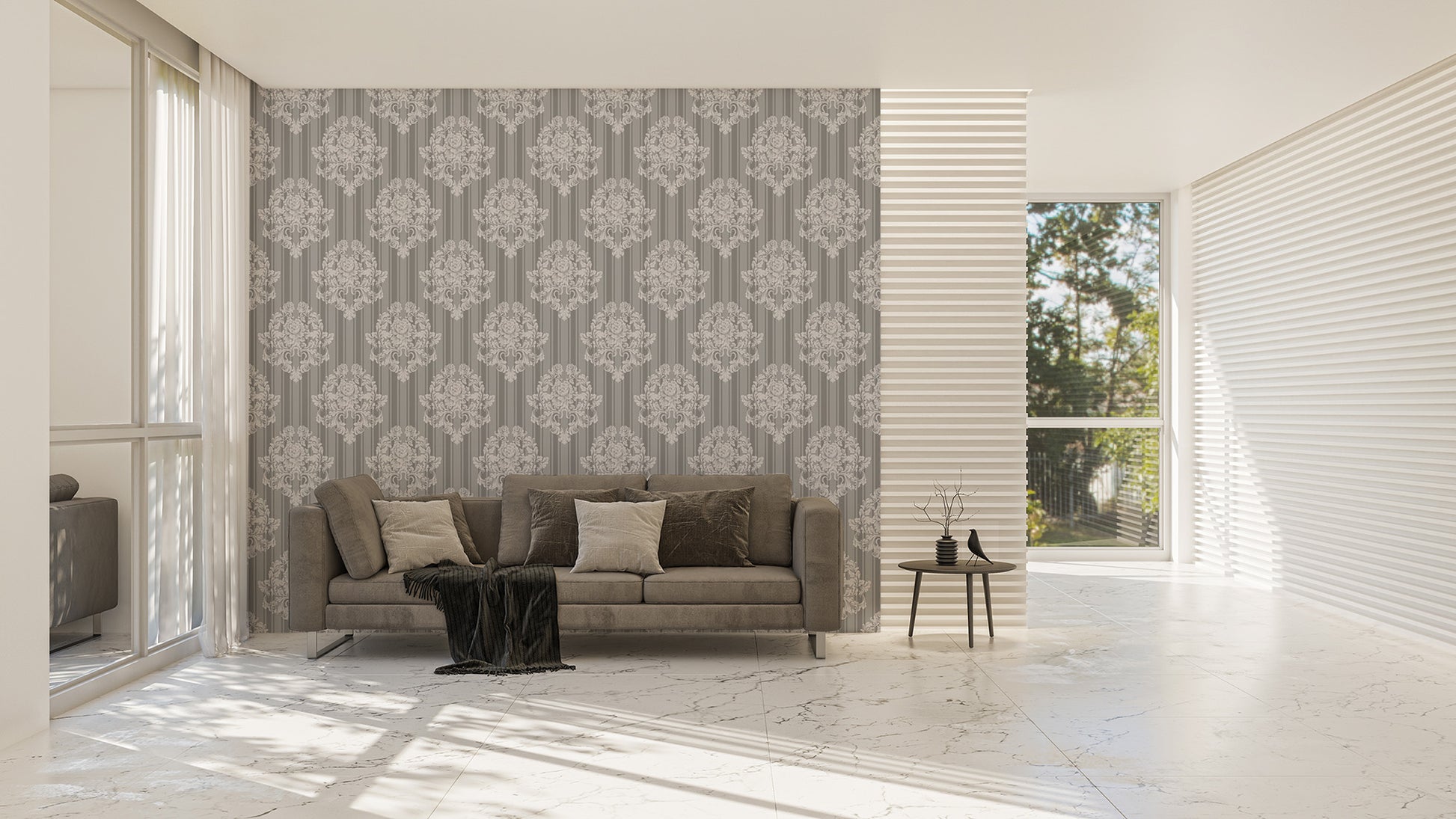 Stylish Grey and White Damask Wallpaper design
