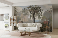 Elephant ride Adventure in Vintage forest wallpaper behind a white sofa, glass table and stacked washer dryer