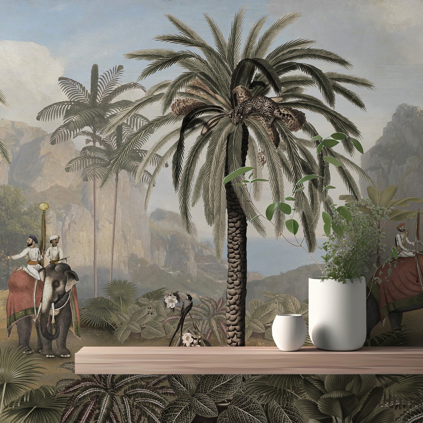Elephant ride Adventure in Vintage forest wallpaper close-up behind a wood shelf with two white plant pots