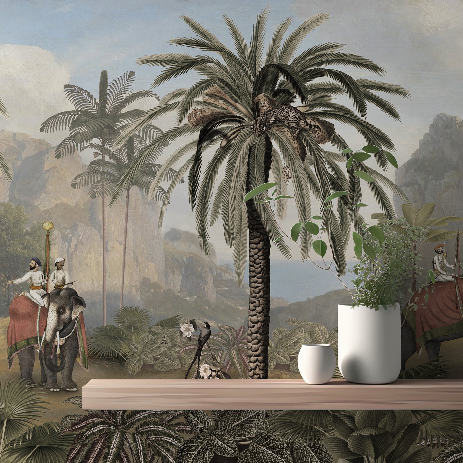 Elephant ride Adventure in Vintage forest wallpaper close-up behind a wood shelf with two white plant pots