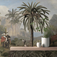 Elephant ride Adventure in Vintage forest wallpaper close-up behind a wood shelf with two white plant pots