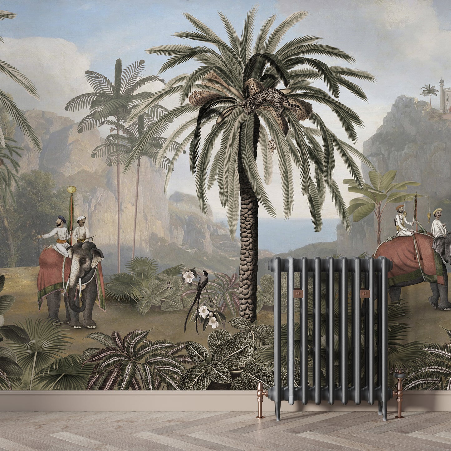 Elephant ride Adventure in Vintage forest wallpaper with a tall palm and riders shown above a grey radiator