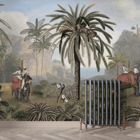Elephant ride Adventure in Vintage forest wallpaper with a tall palm and riders shown above a grey radiator