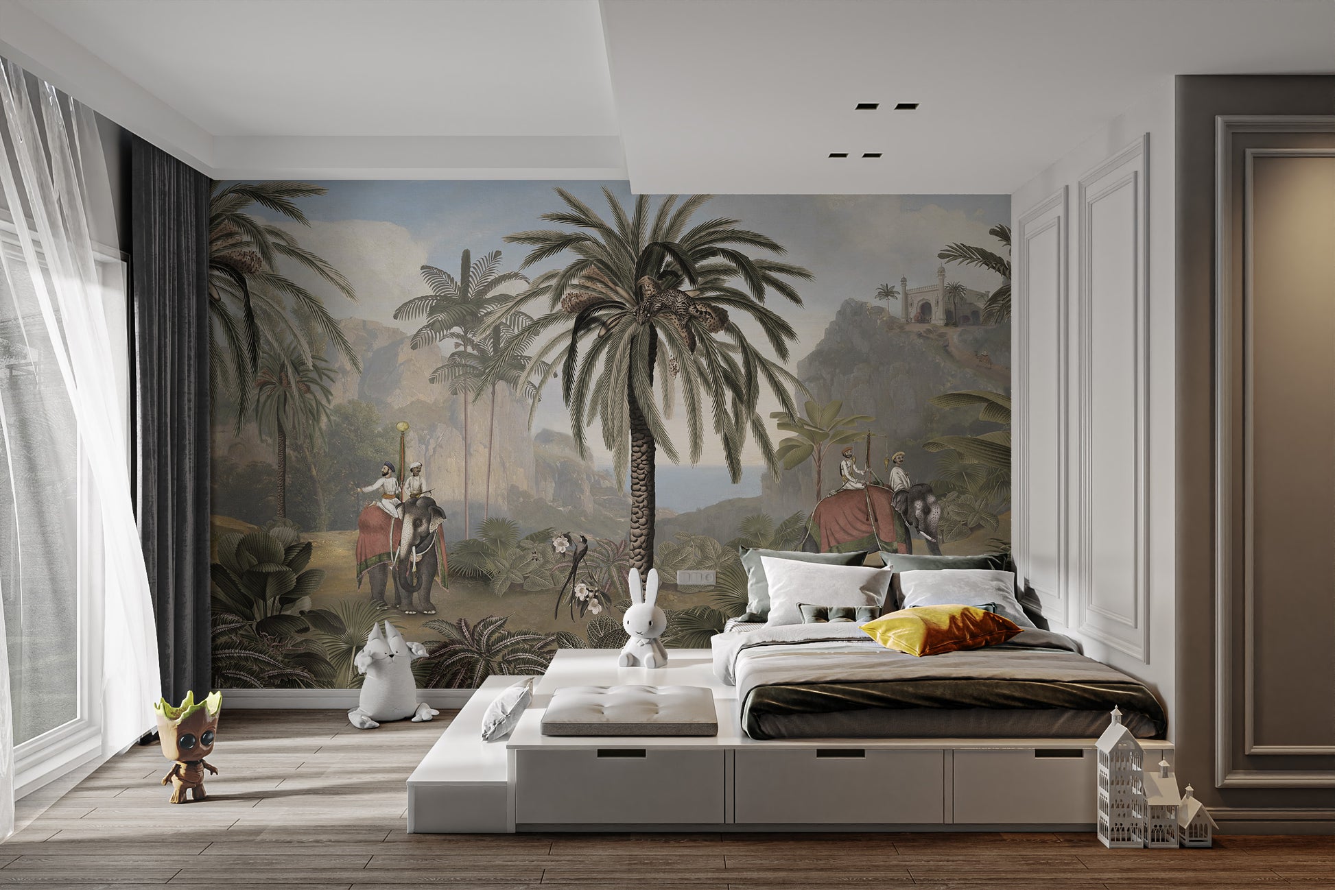 Elephant ride Adventure in Vintage forest wallpaper behind a white platform bed with a bunny toy in a kids room