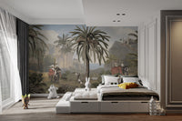 Elephant ride Adventure in Vintage forest wallpaper behind a white platform bed with a bunny toy in a kids room