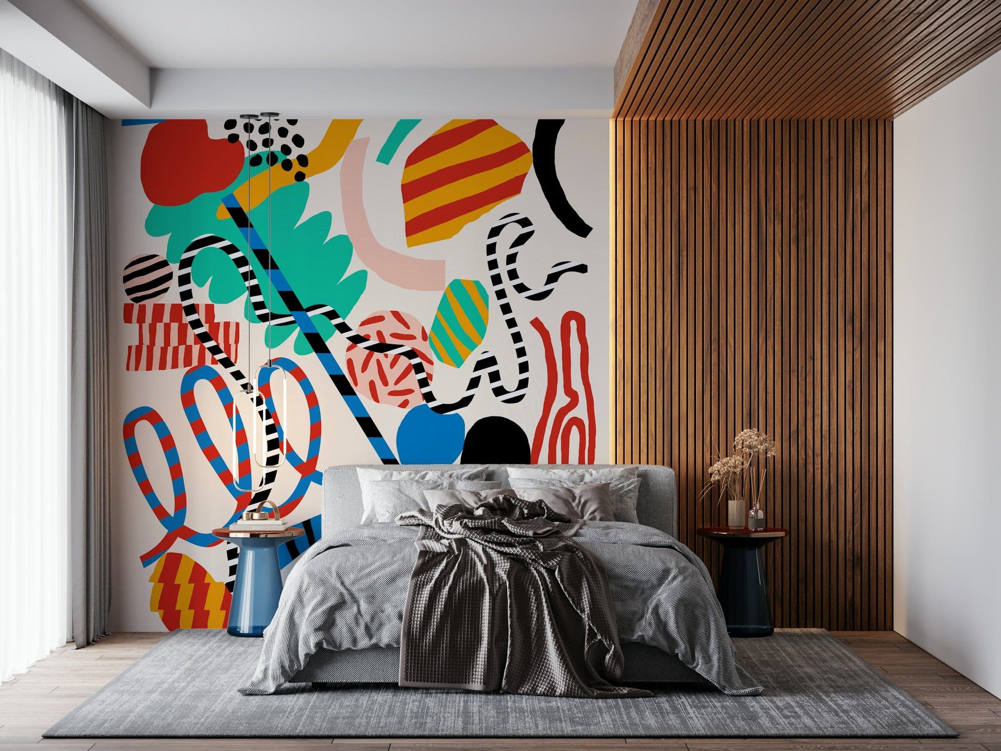 A peaceful geometric design mural on decorative wallpaper.

