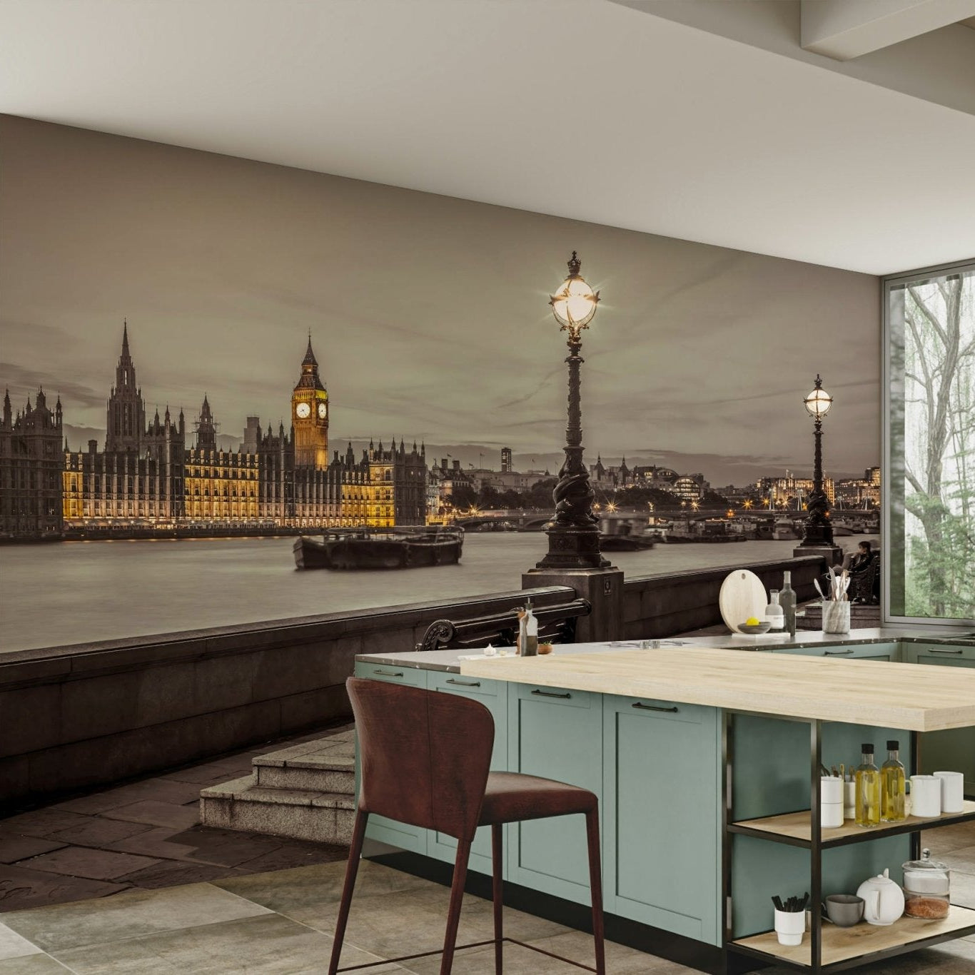 Embankment Bench Wall Mural with the view of Big Ben and the Thames.

