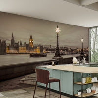 Embankment Bench Wall Mural with the view of Big Ben and the Thames.

