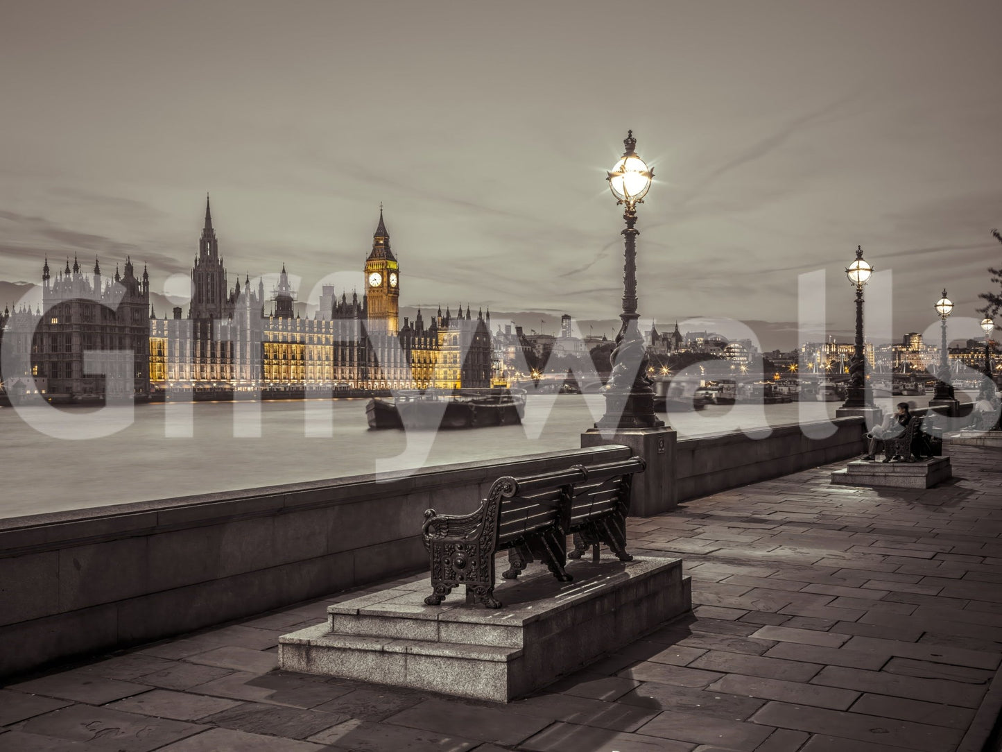 Vintage-inspired Embankment mural with river and city skyline.

