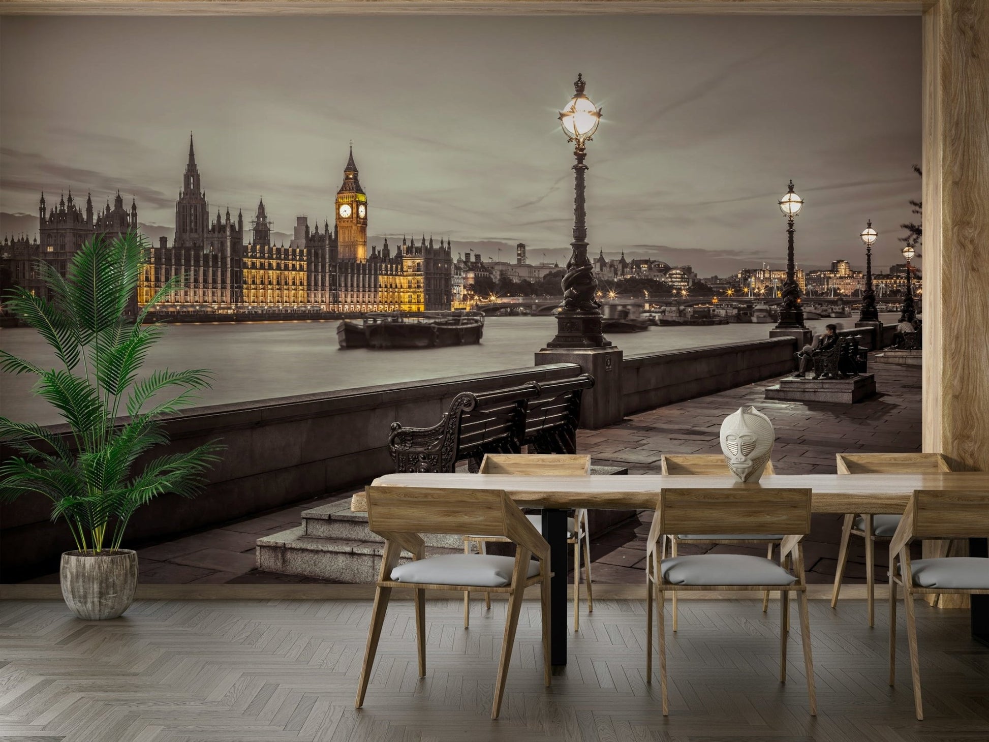 Thames riverside bench mural with a view of Big Ben.

