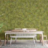 Embroidery Moss Green Color wallpaper mural as a dining room wall behind a white and wood table with bench seating