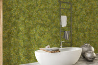 Embroidery Moss Green Color wallpaper mural on a bathroom wall behind a white freestanding tub and towel ladder