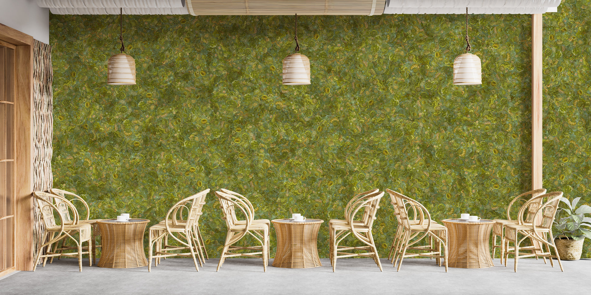 Embroidery Moss Green Color wallpaper mural as a textured green wall in a cafe with rattan chairs and woven pendant lights