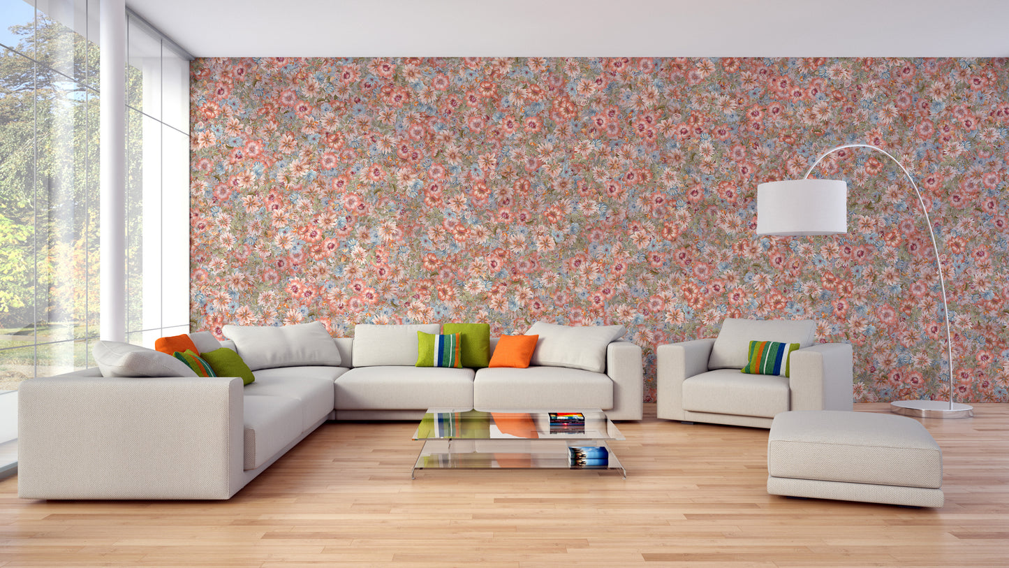 Embroidery Orange Summer Flowers wallpaper mural behind a cream sectional sofa with green and orange pillows
