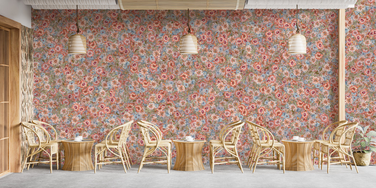 Embroidery Orange Summer Flowers wallpaper mural in a cafe with rattan armchairs and woven pendant lamps