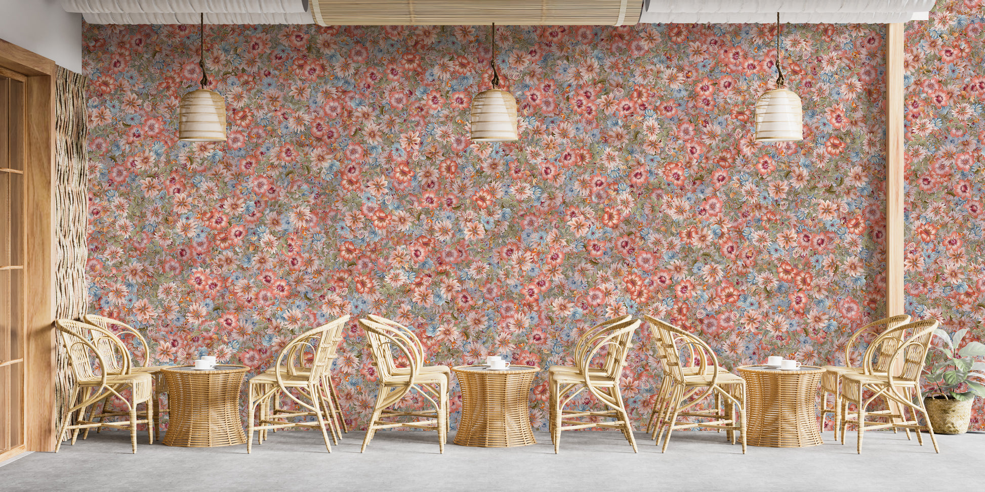 Embroidery Orange Summer Flowers wallpaper mural in a cafe with rattan armchairs and woven pendant lamps