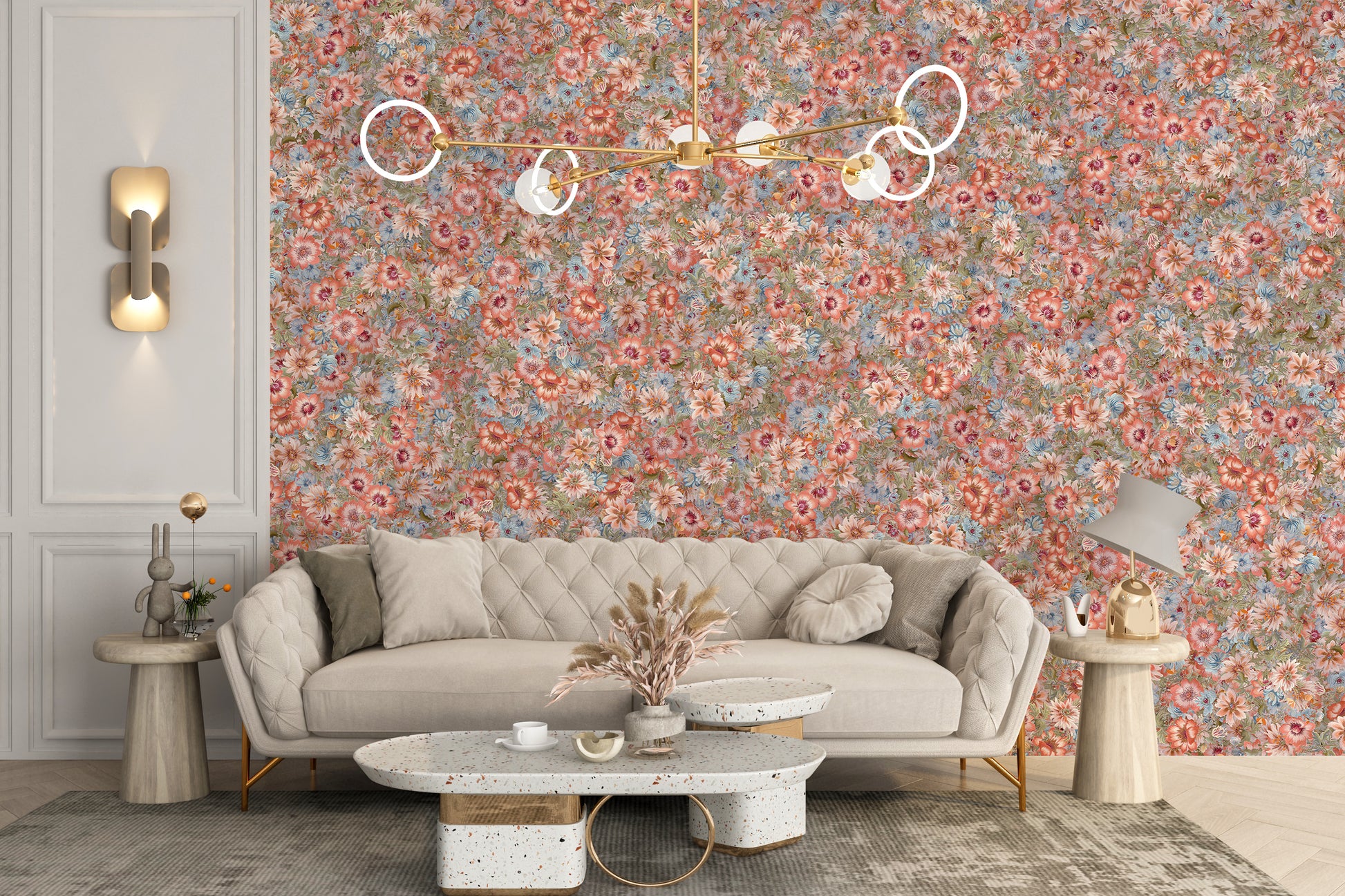 Embroidery Orange Summer Flowers wallpaper mural in a living room with a beige tufted sofa and gold chandelier