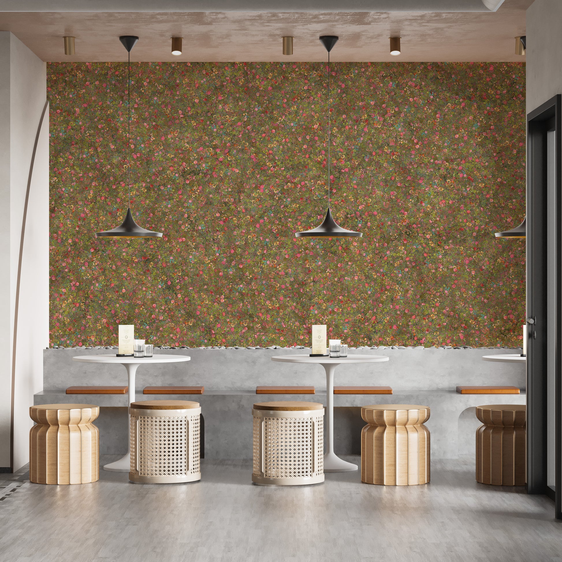 Embroidery Spring Flowers Pink and Green wallpaper mural in red and green above cane stools in a cafe dining nook