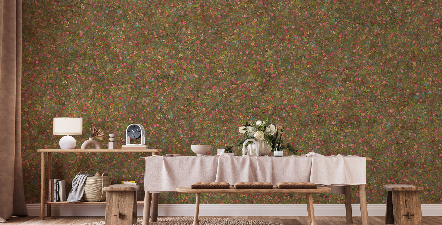 Embroidery Spring Flowers Pink and Green wallpaper mural of ditsy florals behind a wood dining table in a dining room