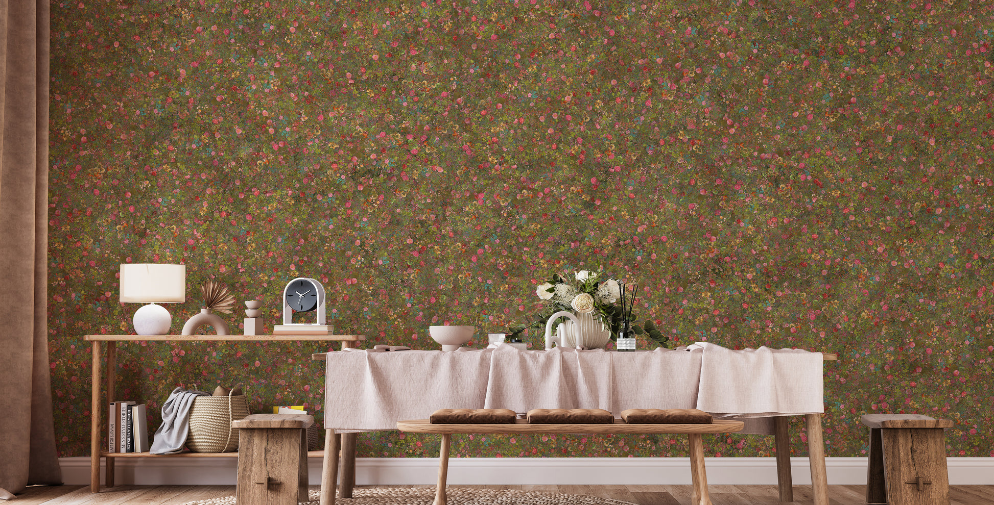 Embroidery Spring Flowers Pink and Green wallpaper mural of ditsy florals behind a wood dining table in a dining room