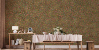 Embroidery Spring Flowers Pink and Green wallpaper mural of ditsy florals behind a wood dining table in a dining room
