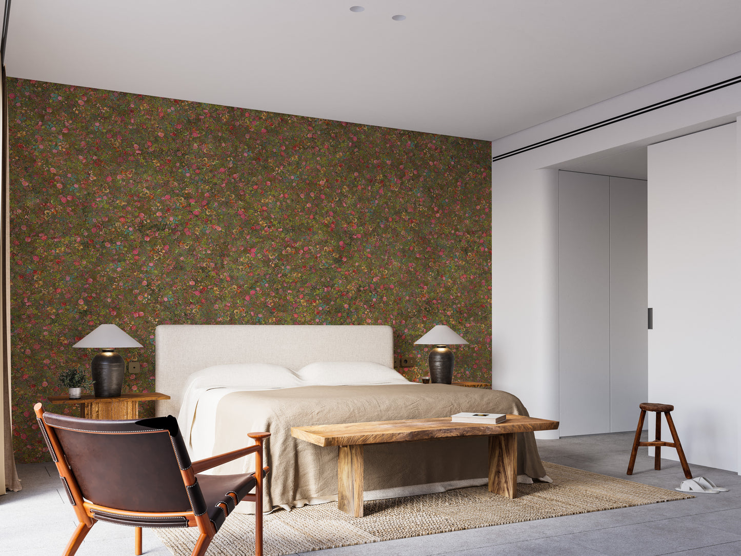 Embroidery Spring Flowers Pink and Green wallpaper mural in pink and olive behind a cream bed in a modern bedroom