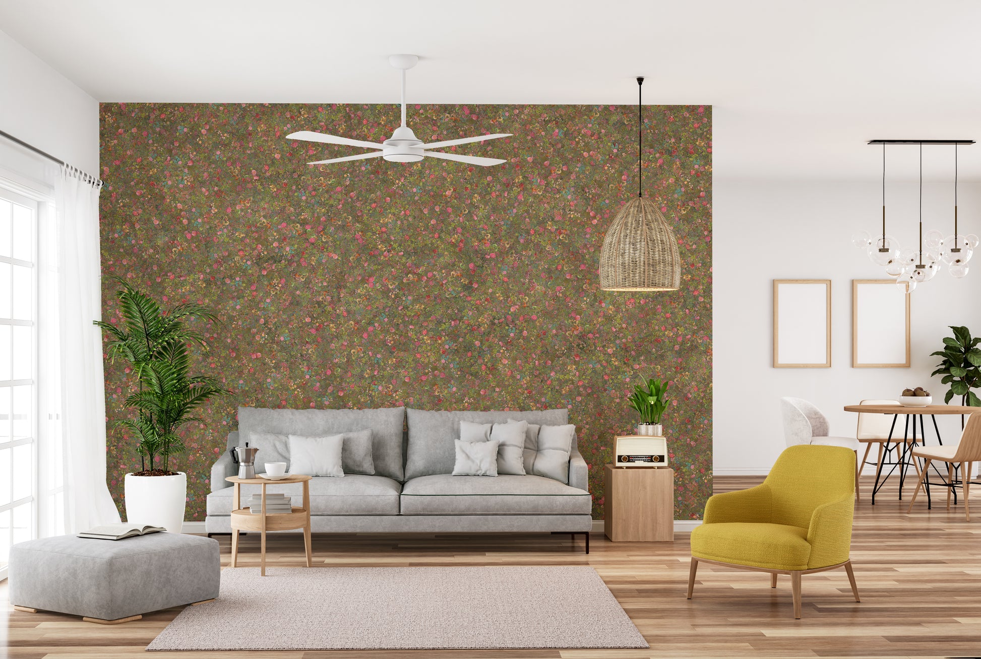 Embroidery Spring Flowers Pink and Green wallpaper mural of dense pink florals behind a gray sofa in a bright living room