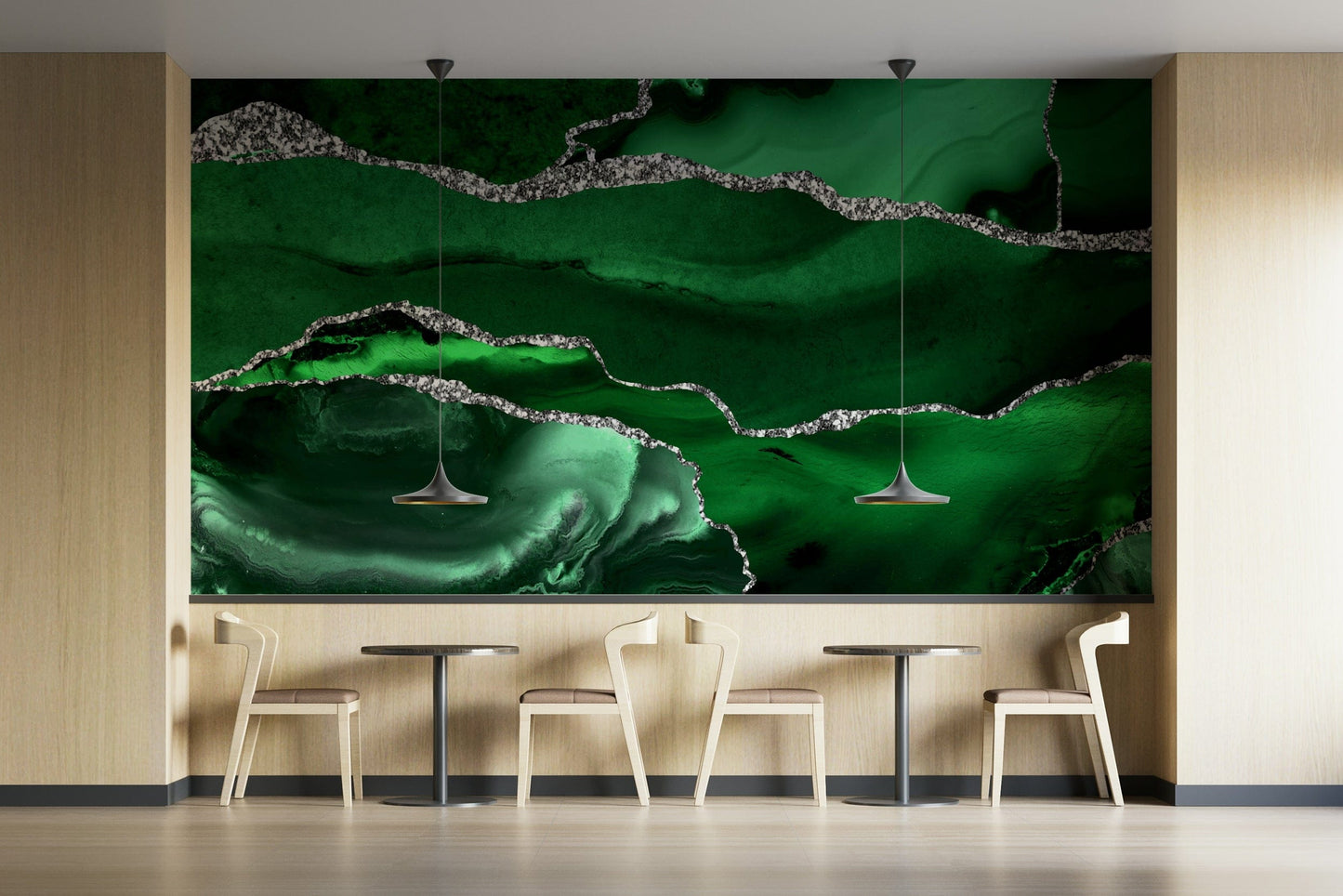 The wall art combines a flowing pattern with metallic accents.

