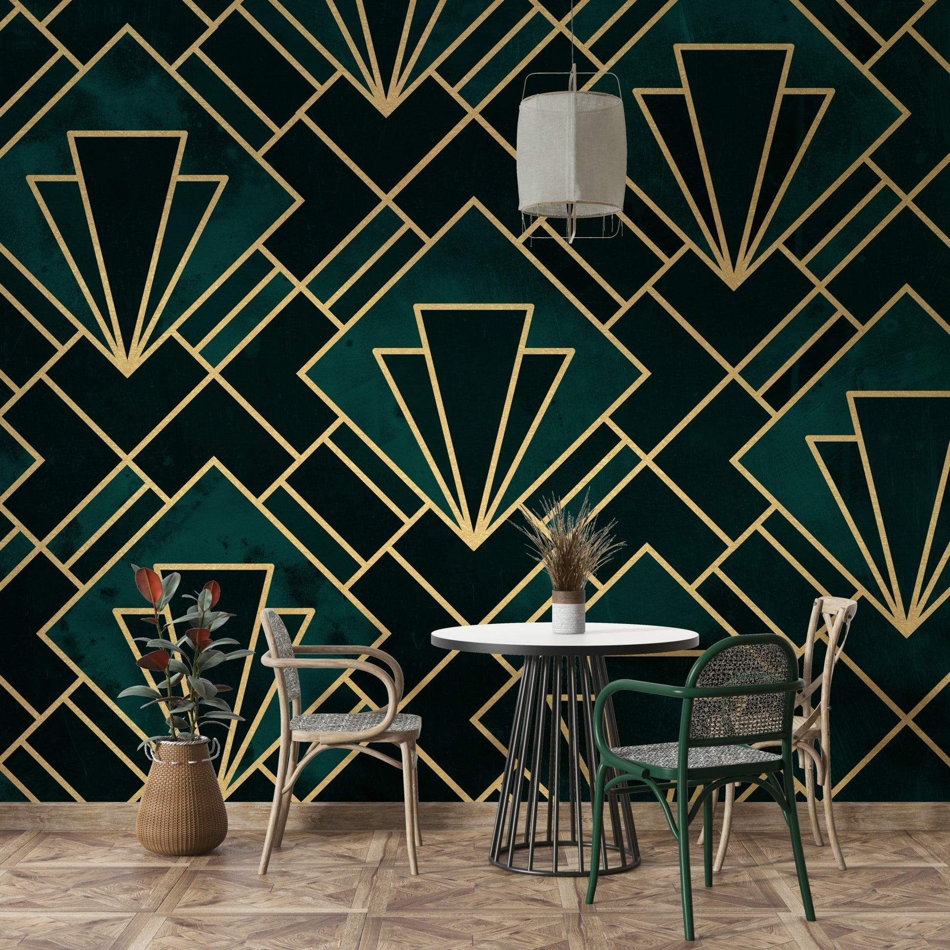 Stunning geometric design in emerald and gold for walls.

