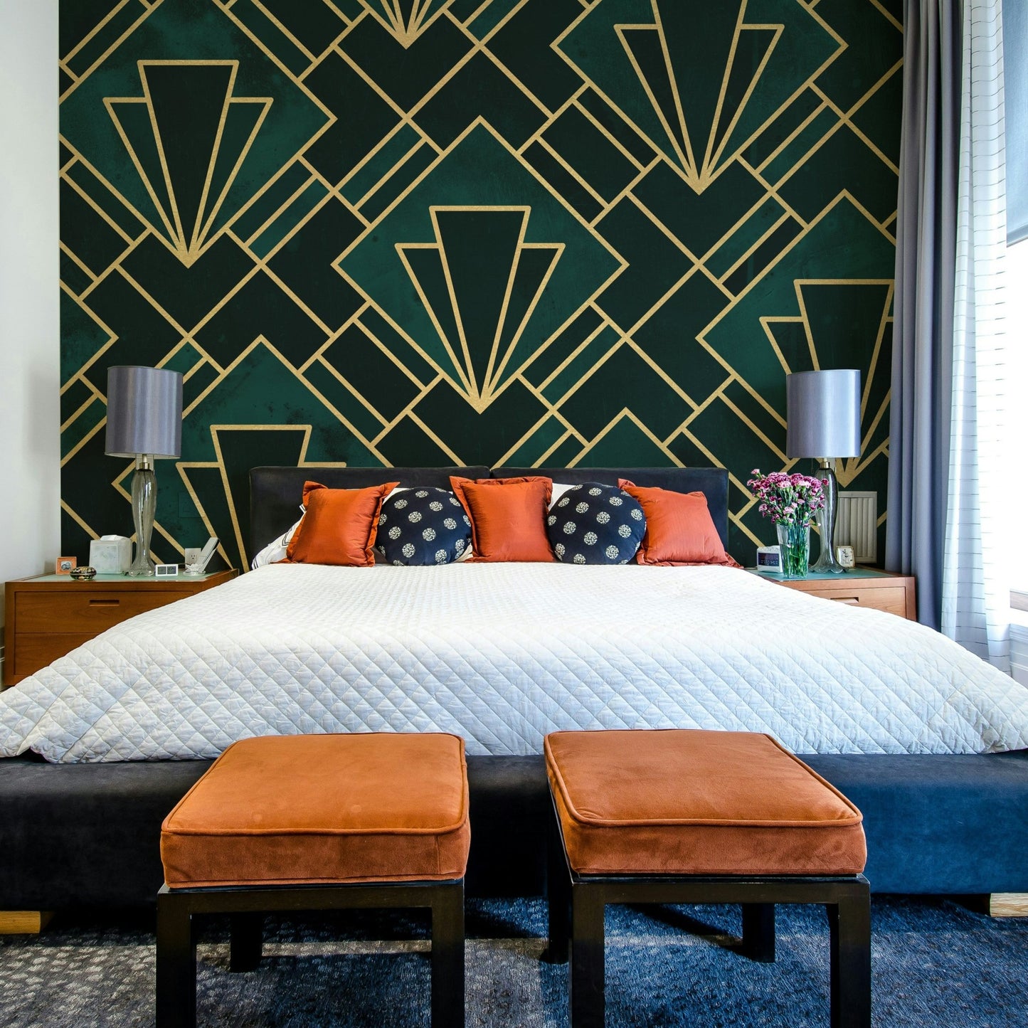 Luxurious emerald Art Deco mural with intricate geometric patterns.

