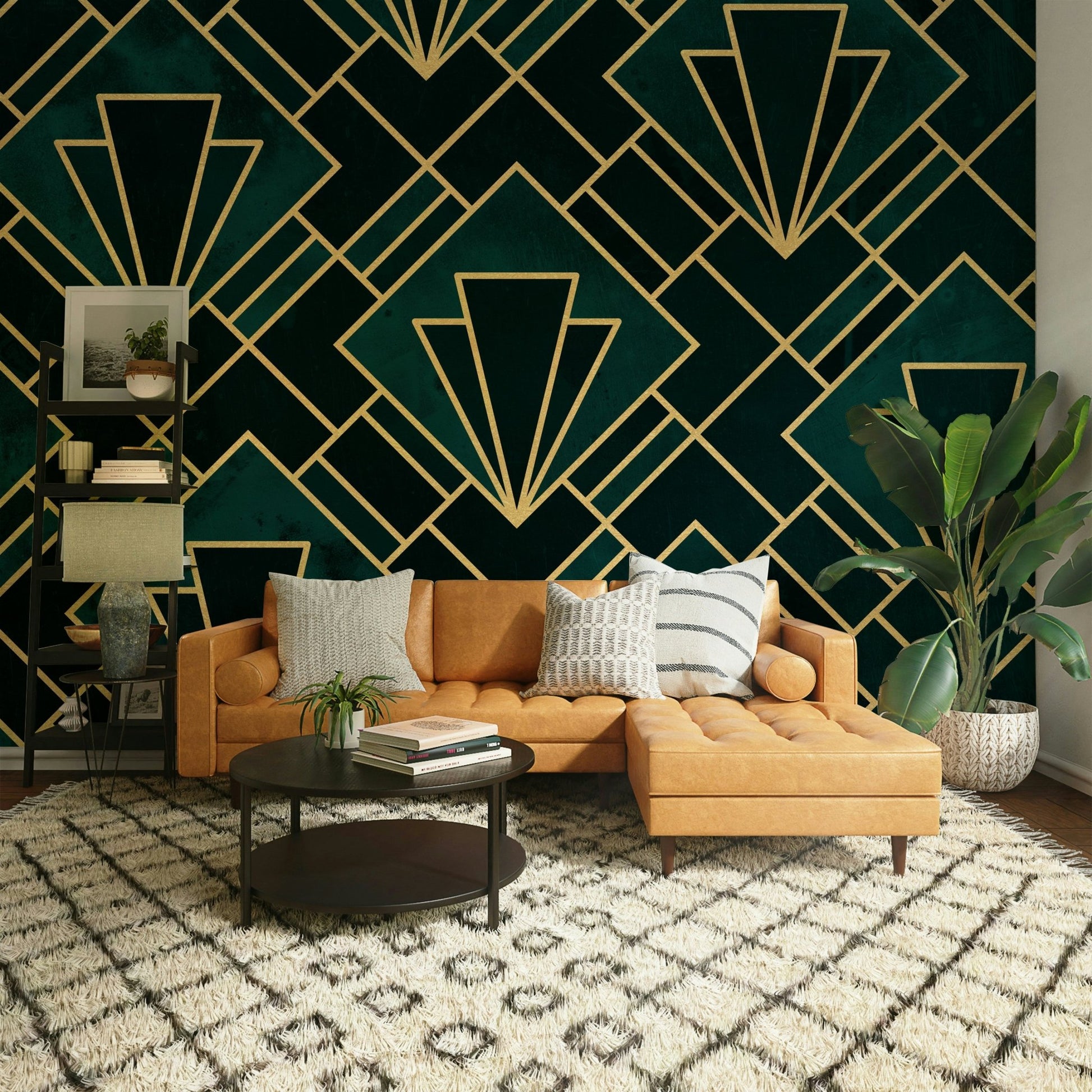 Art Deco mosaic mural in emerald and gold tones for modern spaces.

