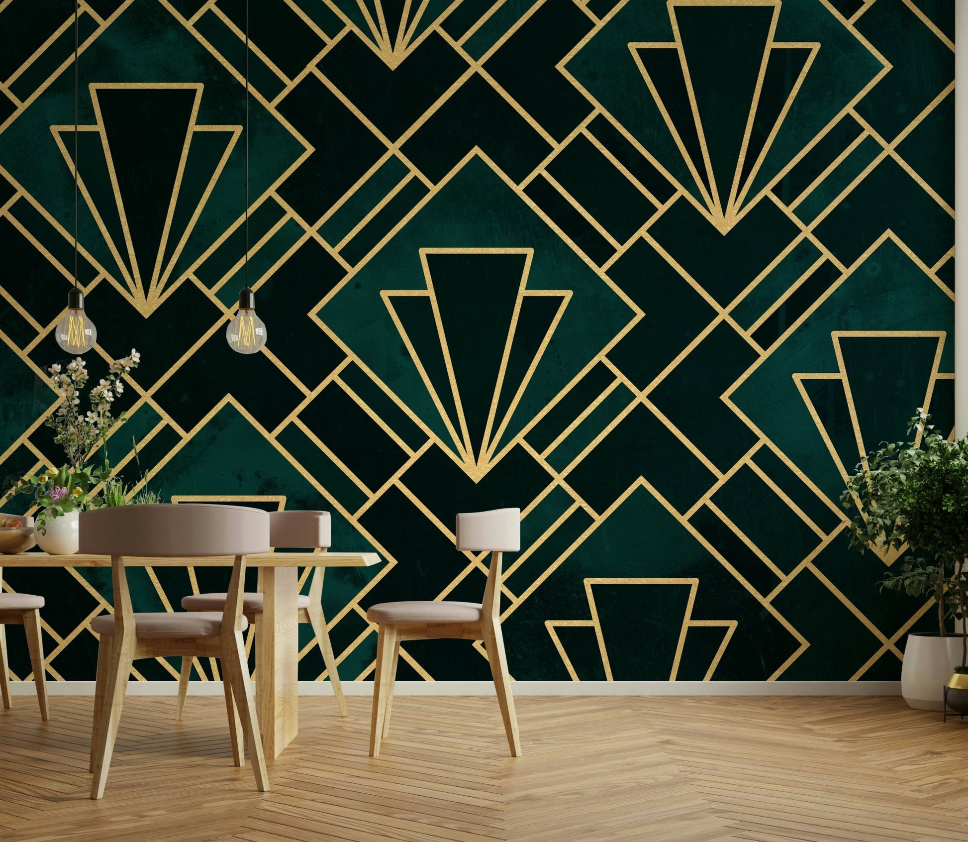 Stunning emerald and gold wall mural for creating an elegant look.

