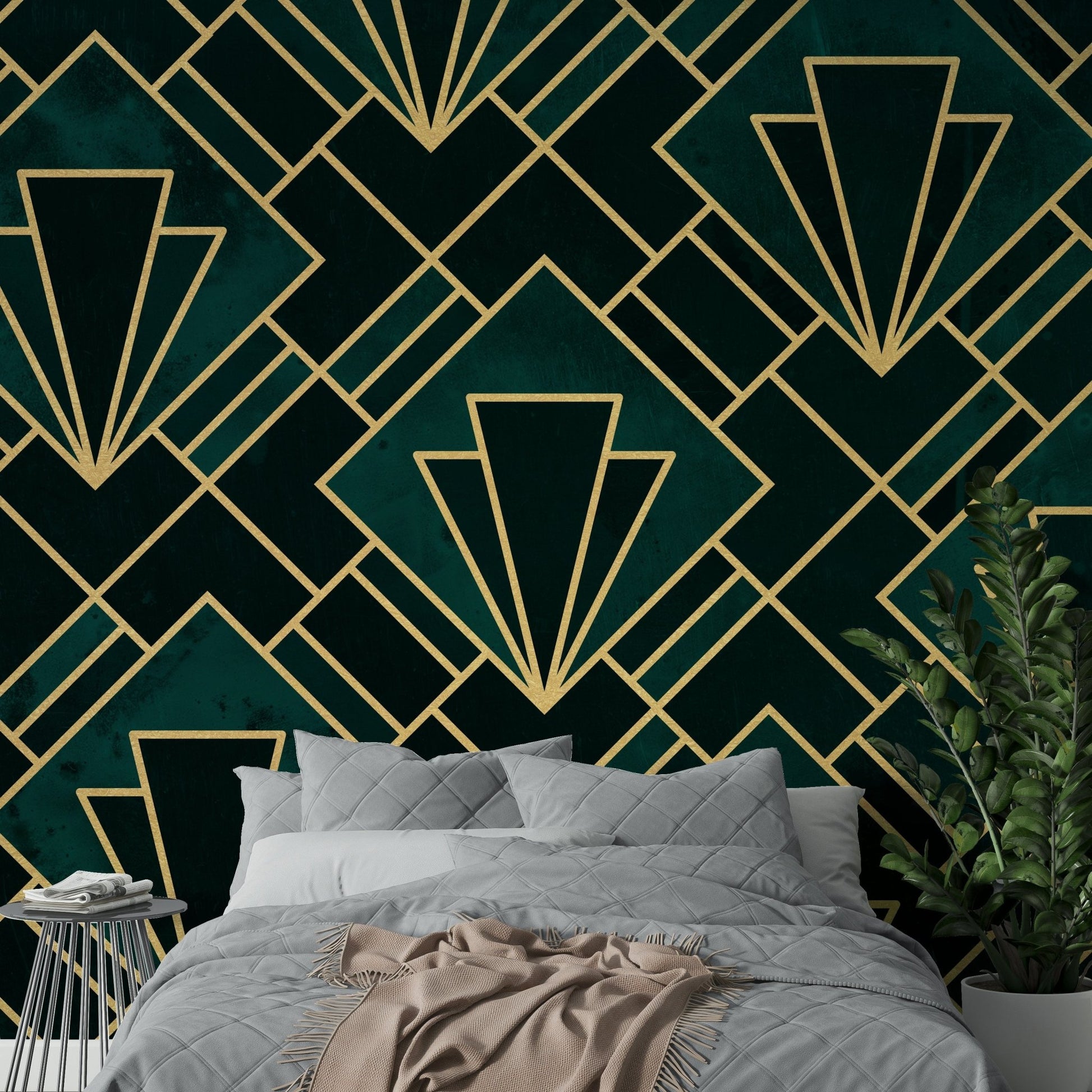 Luxurious emerald green and gold Art Deco wall mural.

