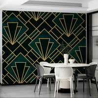 Vintage-inspired emerald Art Deco wall mural with gold accents.

