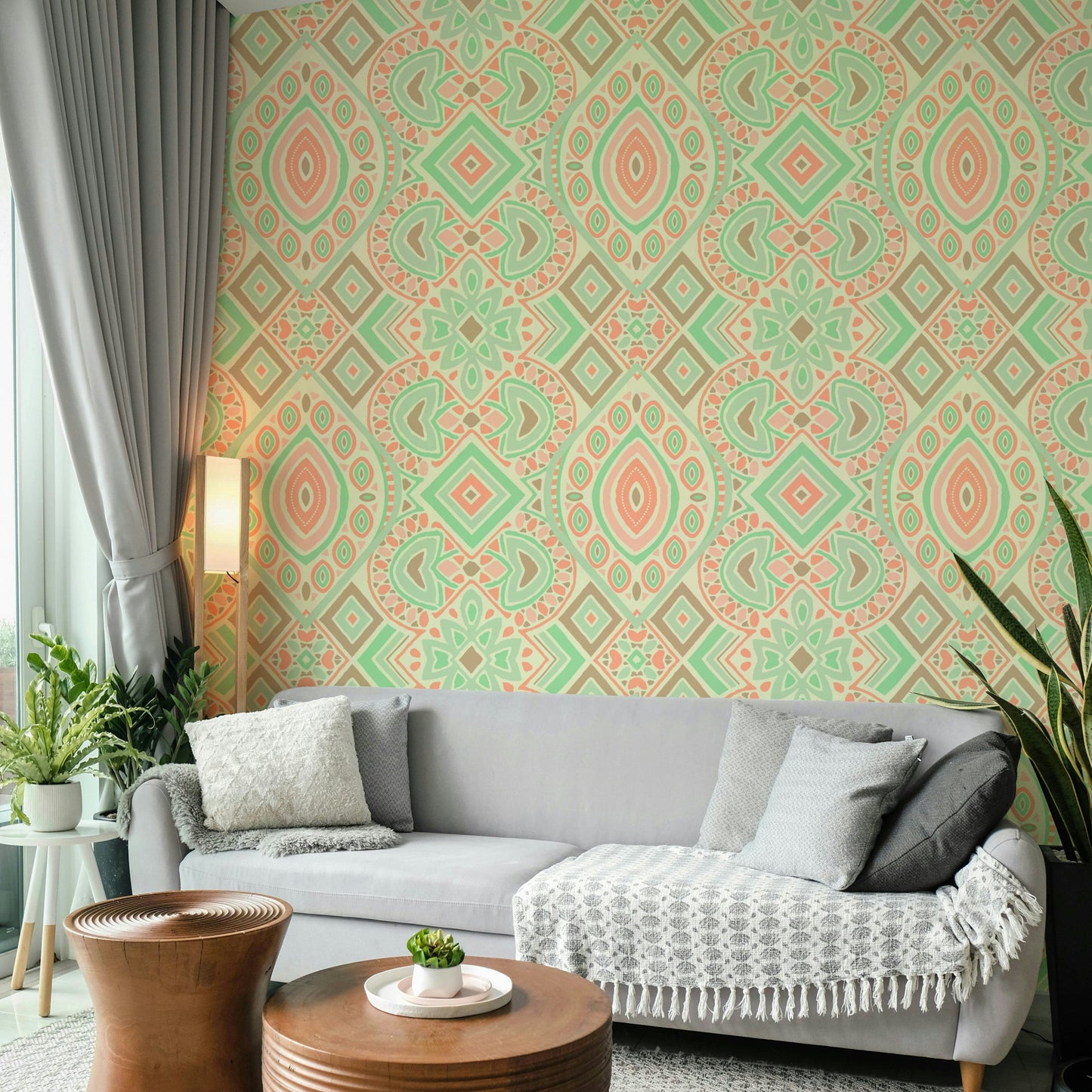 Scenic wallpaper with cartoon shapes and colors

